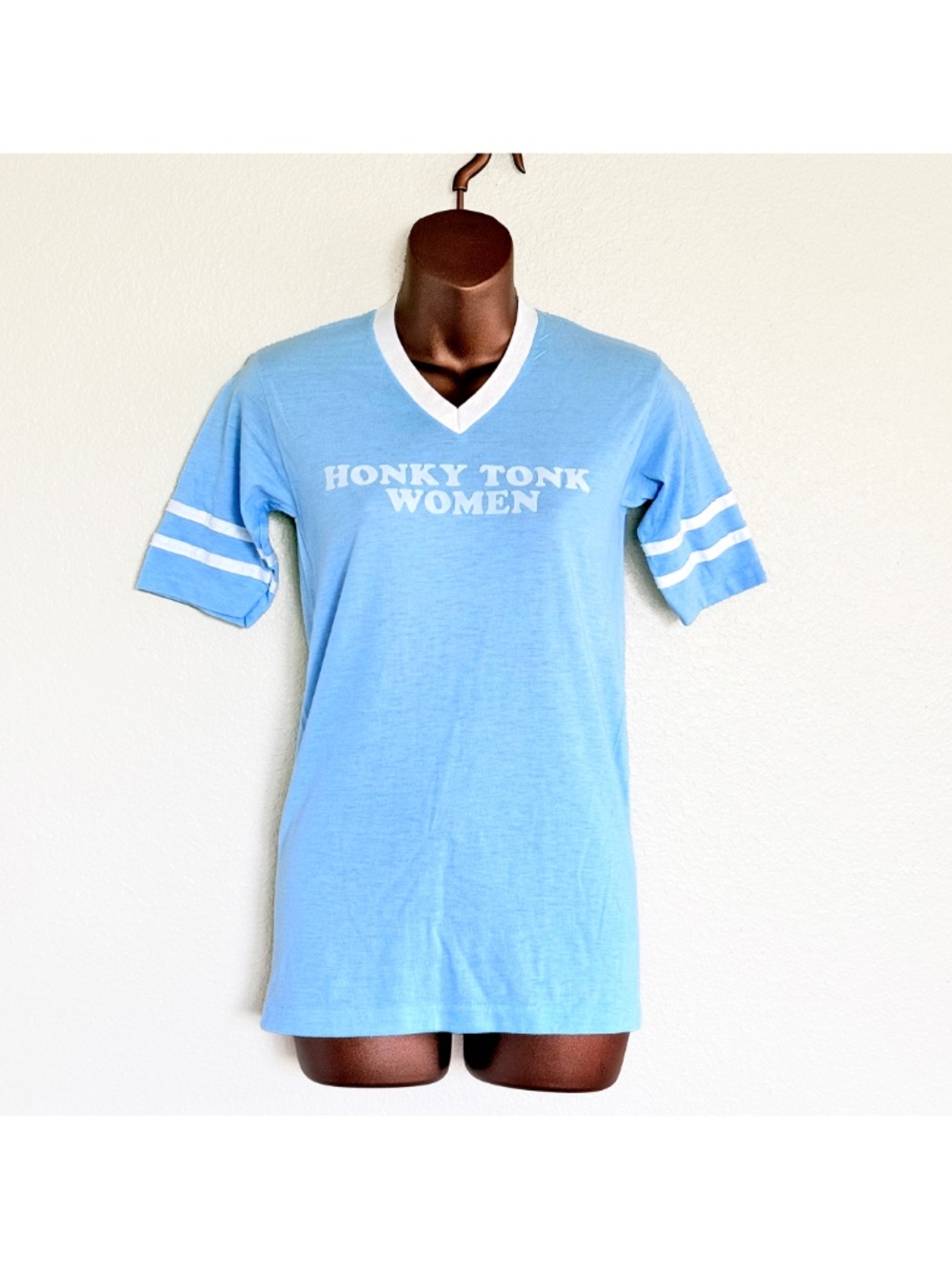 VTG 70s Stedman Honky Tonk Women Rolling Stones Ringer V-Neck Jersey Tee Sz S